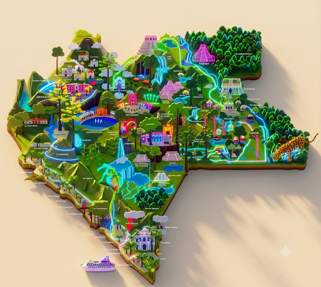 Illustrated three-dimensional diorama map of the state of Chiapas